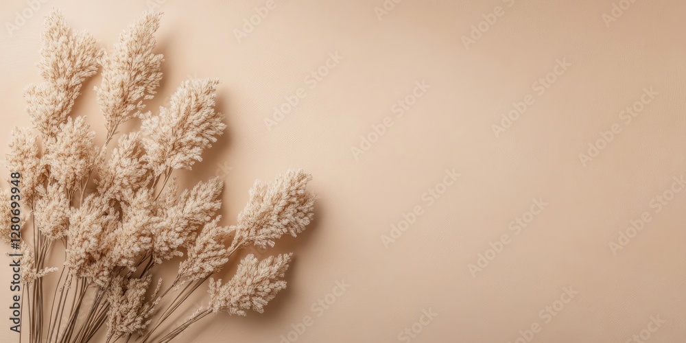 Poster neutral toned background featuring clustered dried flower stems on the left, creating a serene and m