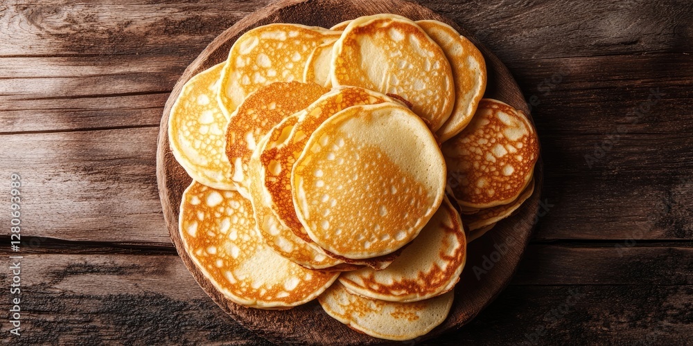 Poster Fluffy golden pancakes stacked in a circular arrangement on a rustic wooden surface showcasing warm tones and texture variations.
