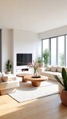 a modern living room with white furniture and natural light.