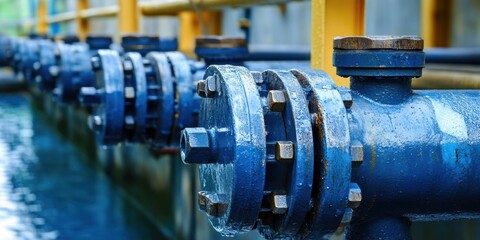 Blue industrial flanges and pipes connected with nuts and bolts along a water pipeline in a factory setting surrounded by yellow support structures.