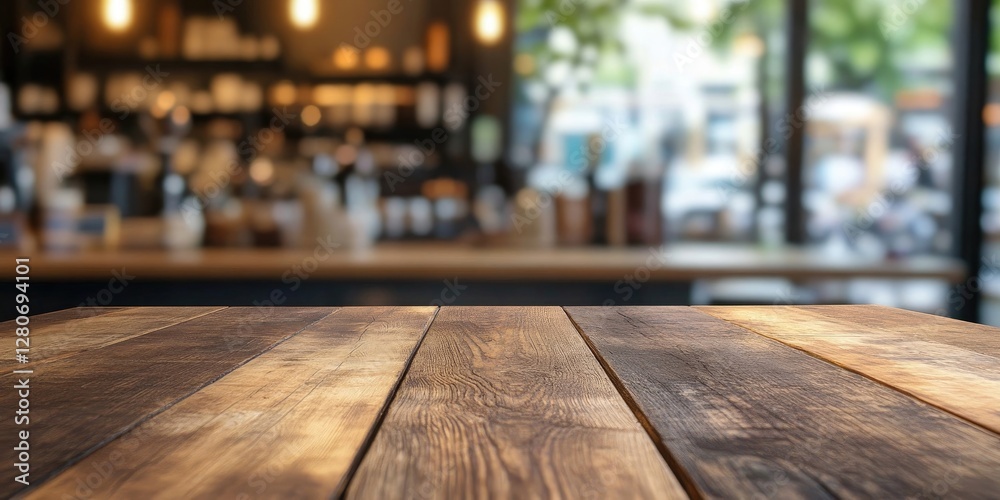 Fototapete empty rustic brown wooden table in sharp focus with blurred green bokeh coffee shop background featu