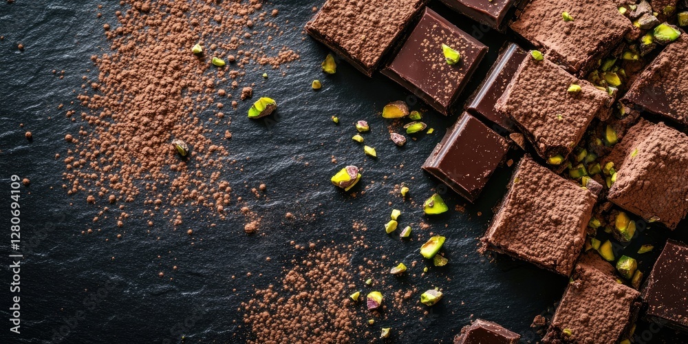 Poster Dark chocolate squares scattered on a black slate surface with cocoa powder and pistachio nuts creating a rich, textured background.
