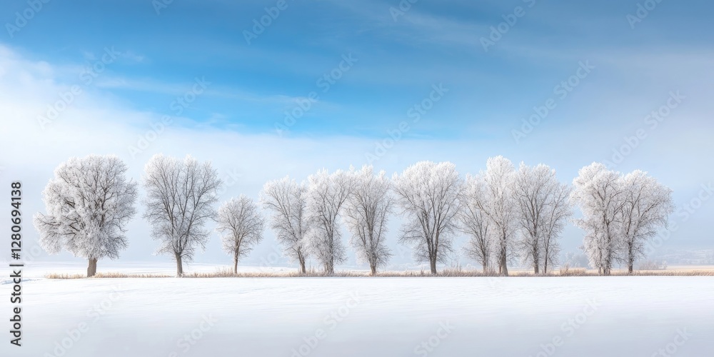 Poster frosted trees stand tall against a clear blue sky, lined along a snow-covered field, creating a sere