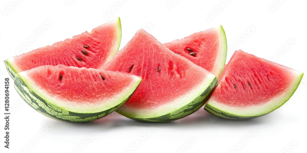 Poster freshly sliced watermelon pieces displaying vibrant red flesh and dark seeds with green rind, arrang