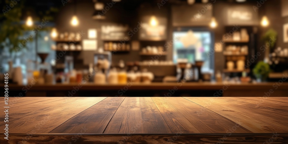 Poster empty brown wooden table in foreground with warm tones, blurred coffee shop background featuring sof