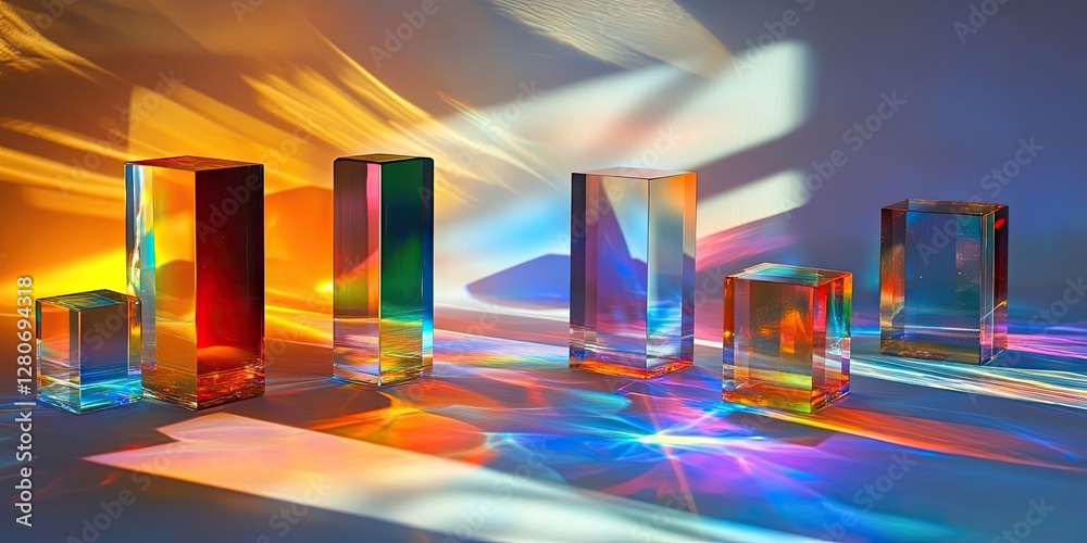 Leinwandbilder Colorful glass prisms casting vibrant rainbow reflections on a smooth surface with soft light gradients in the background creating an artistic ambiance.