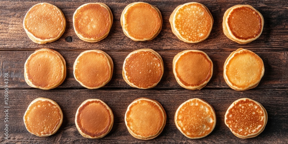 Poster Aerial view of golden fluffy pancakes neatly arranged in four rows on a rustic wooden surface with varying textures and shades of brown.