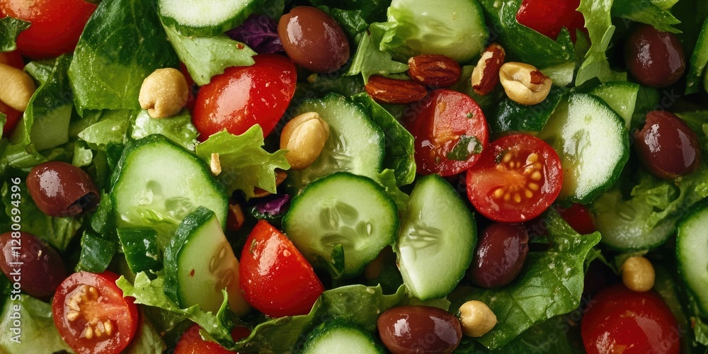Poster vibrant mediterranean salad with red tomatoes green cucumbers dark olives and crunchy nuts on a bed 