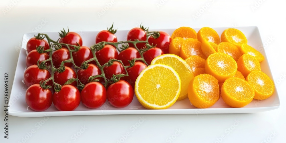 Aufkleber fresh red cherry tomatoes in clusters on the left side and vibrant yellow citrus slices on the right