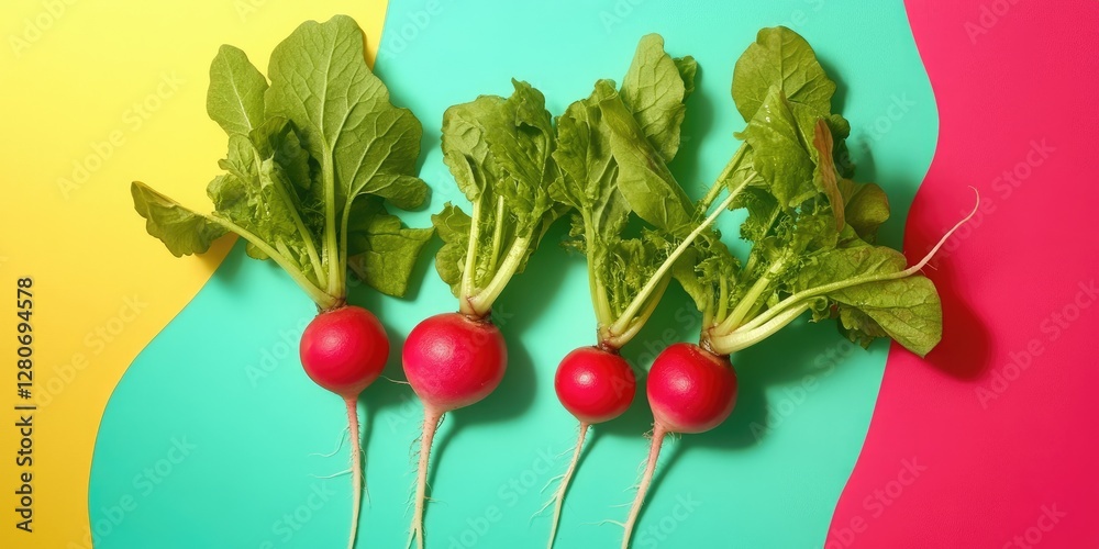 Poster fresh red radishes with green leafy tops arranged in a row on a yellow and teal wavy background with