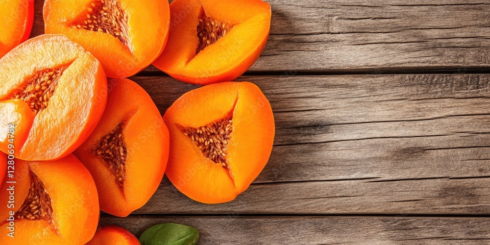 Aufkleber fresh apricot halves in vibrant orange color arranged on a rustic wooden surface with visible grain;