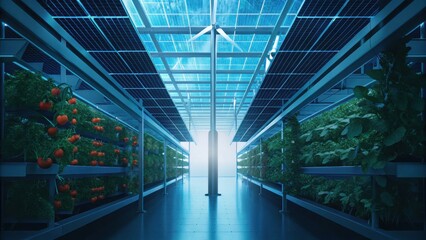 Obraz premium Futuristic indoor farm with solar panels and wind turbine, growing lush green plants and red tomatoes under blue lighting. Sustainable technology for food production.