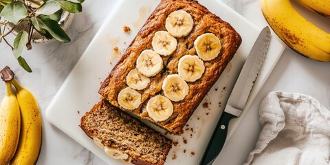Banana bread loaf with banana slices on top placed on a white cutting board with a knife nearby surrounded by fresh bananas and greenery