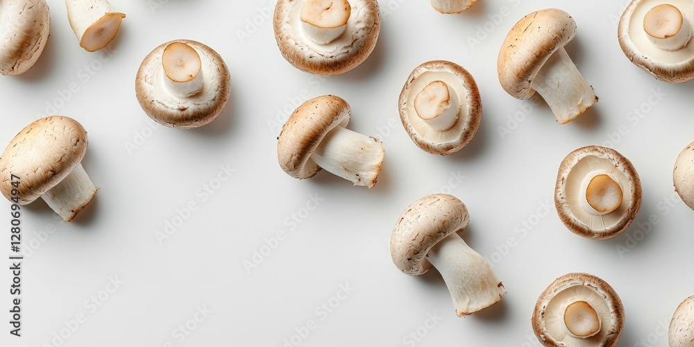 Poster fresh champignon mushrooms arranged artistically on a clean white surface emphasizing their earthy t
