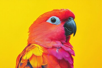 Fototapeta premium Vivid Red And Orange Parrot Closeup Against Bright Yellow Background For Nature And Wildlife Design