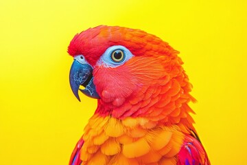 Closeup Vibrant Scarlet Macaw With Bright Red Orange Plumage On Yellow Background