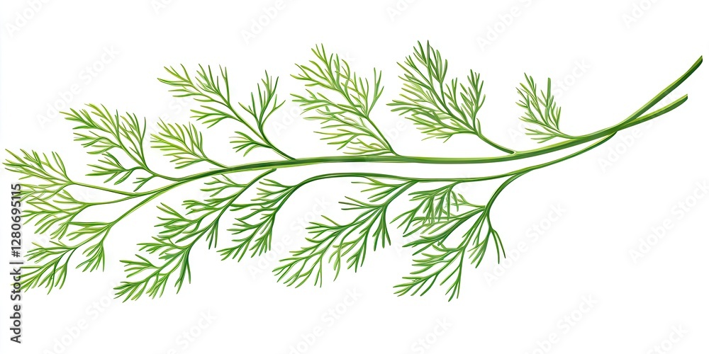 Poster delicate green dill sprig with intricate feathery leaves arranged horizontally against a clean white