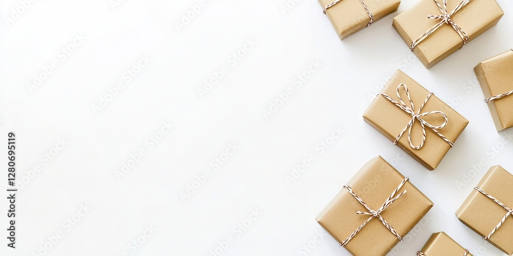 Poster Golden gift boxes neatly arranged in a diagonal layout on a bright white background with ample space on the left for text in a postcard design