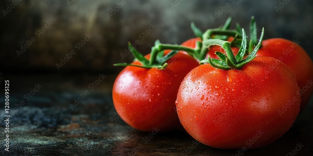Poster fresh ripe red tomatoes with green stems placed side by side on a dark textured surface with droplet