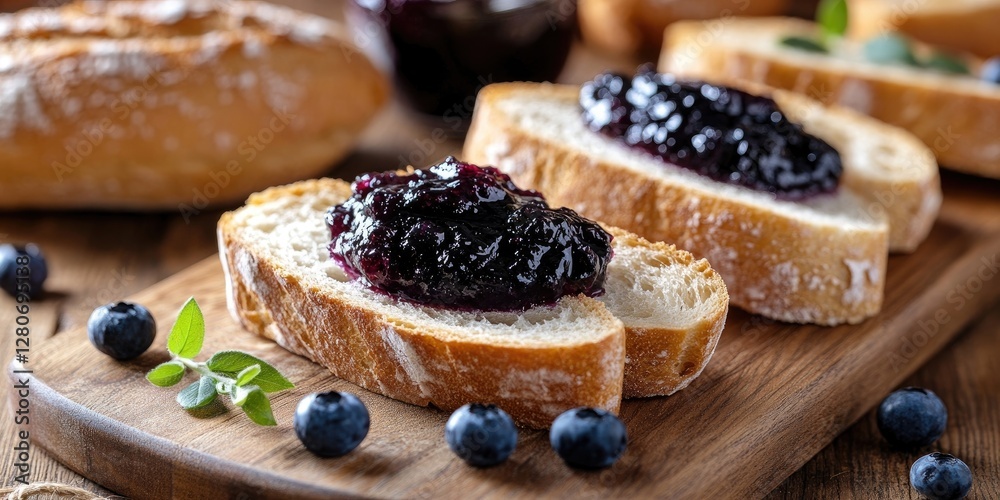 Poster freshly sliced bread topped with blueberry jam on a wooden cutting board with scattered blueberries 