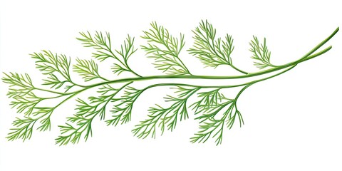 Fototapeta premium Delicate green dill sprig with intricate feathery leaves arranged horizontally against a clean white background showcasing freshness and culinary use.