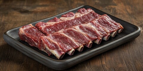 Fototapeta premium Fresh raw beef short ribs arranged neatly on a black rectangular plate against a dark wooden background showcasing rich red meat textures.