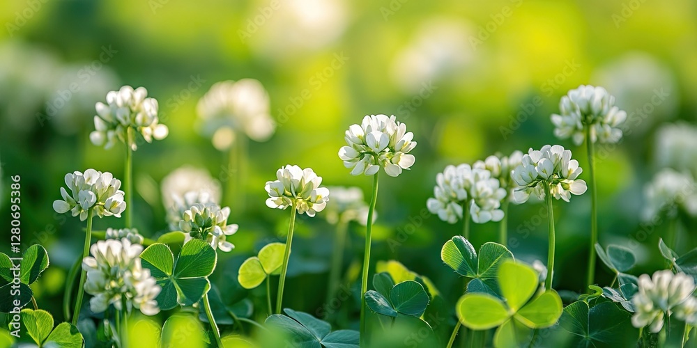 Aufkleber white clover flowers blooming in a lush green meadow with soft sunlight creating a serene blurred ba