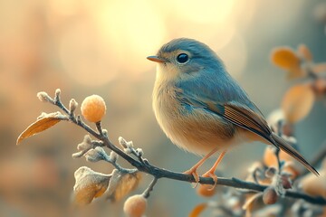Cute bird perched on branch, golden hour