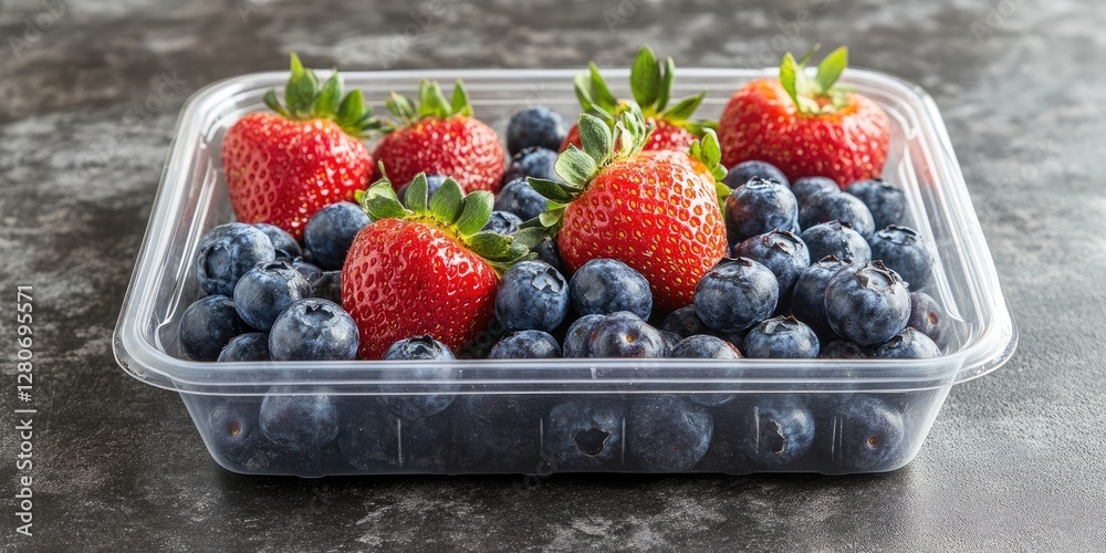 Poster freshly picked strawberries and blueberries in a clear plastic container arranged with red strawberr