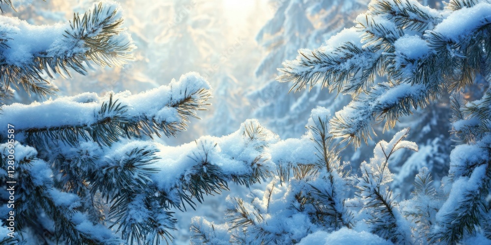 Aufkleber Serene winter forest scene with fluffy white snow on evergreen pine branches illuminated by soft golden light creating a tranquil atmosphere