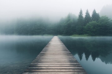 Obraz premium Tranquil Wooden Dock Over Misty Lake Surrounded By Lush Green Pine Forest In Foggy Morning