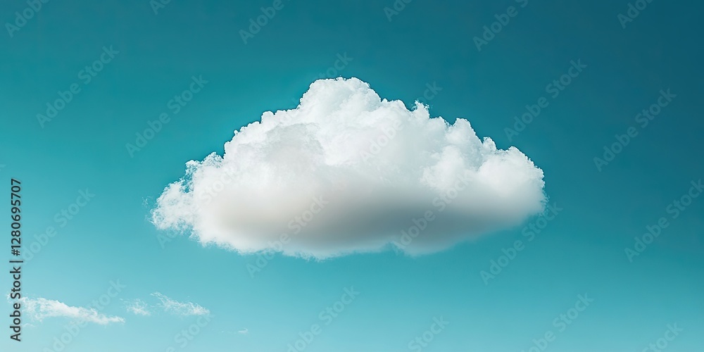 Poster serene fluffy white cloud drifting in bright blue sky with subtle gradient creating a peaceful and t