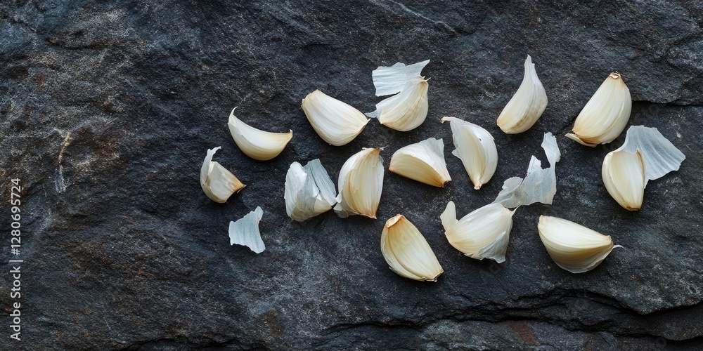 Poster Garlic cloves scattered on dark textured stone background with light and shadow, showcasing their natural color and shape for culinary use.