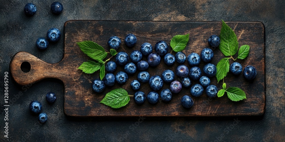 Poster fresh blueberries arranged on a dark wooden cutting board with mint leaves, creating a rich contrast
