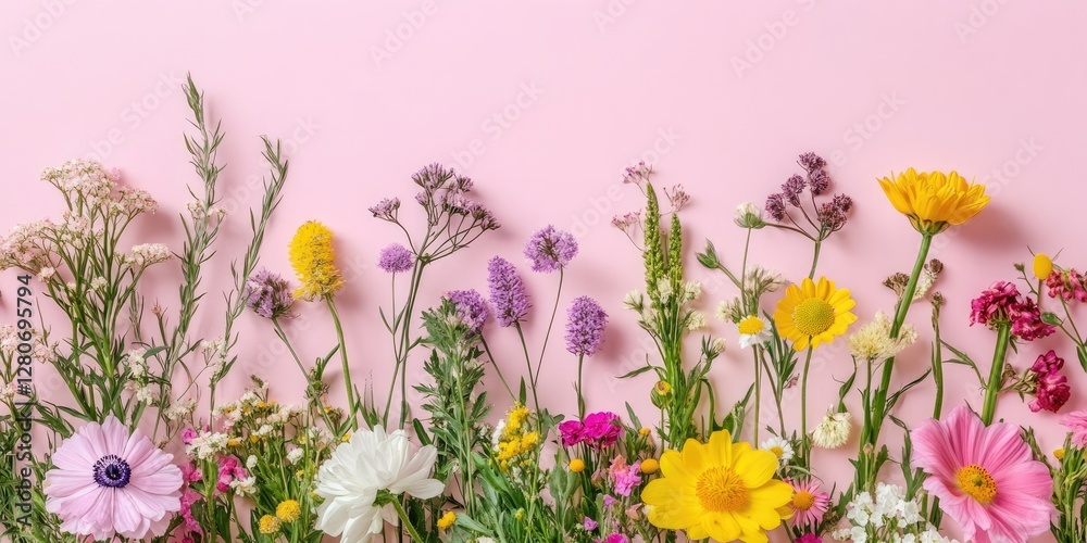 Aufkleber Vibrant garden flowers in various colors arranged along the bottom of a soft pink backdrop with ample copy space above for text inclusion.