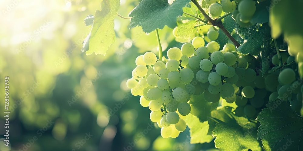 Poster sunlit green grape clusters on lush vines surrounded by vibrant green leaves, creating a fresh and i