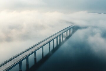 Long Elevated Bridge Stretching Over Calm Water Surrounded By Dense Morning Fog In Serene Landscape