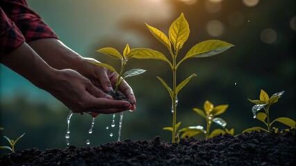 Fototapeta premium Close up of hands gently planting seedlings in dark, rich soil, water dripping onto the soil. Warm sunlight in background.