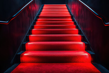 Red carpet on the stairs with dramatic lighting, luxury cinematic atmosphere