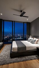 A modern bedroom with a city skyline view at night.