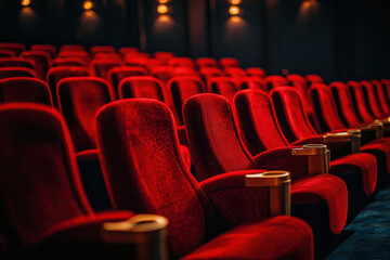 Red velvet cinema seats lined up in rows, classic movie theater setting