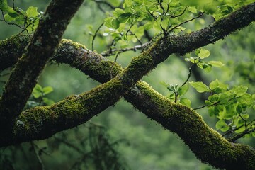Fototapeta premium Mossy Tree Branches Intertwined in Lush Green Forest with Sunlight Filtering Through Leaves