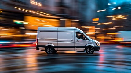 City delivery van in motion, urban backdrop, night scene, fast moving, transportation, possible use for delivery services