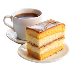 Piece of sponge cake with cup of coffee isolated on transparent background 