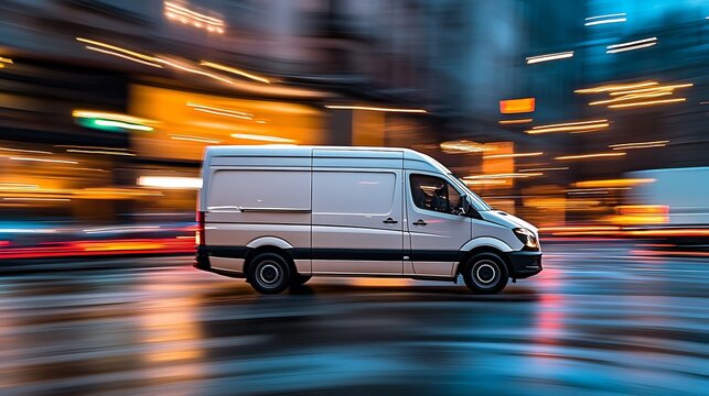 City delivery van in motion, urban backdrop, night scene, fast moving, transportation, possible use for delivery services