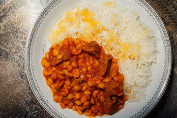 Khoresh Gheymeh, Persian yellow split pea and beef stew with basmati rice and tahdig on the side