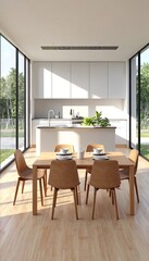 The image features a modern kitchen and dining area with large windows offering views of trees outside.