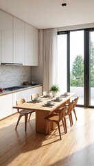 Fototapeta premium A modern kitchen and dining area with wooden furniture and white walls.