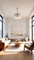 Fototapeta premium The image is a collage of two photographs, one showing a white pendant light and the other showcasing a living room with beige furniture.