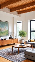 Fototapeta premium A modern living room with white walls and wooden beams on the ceiling.
